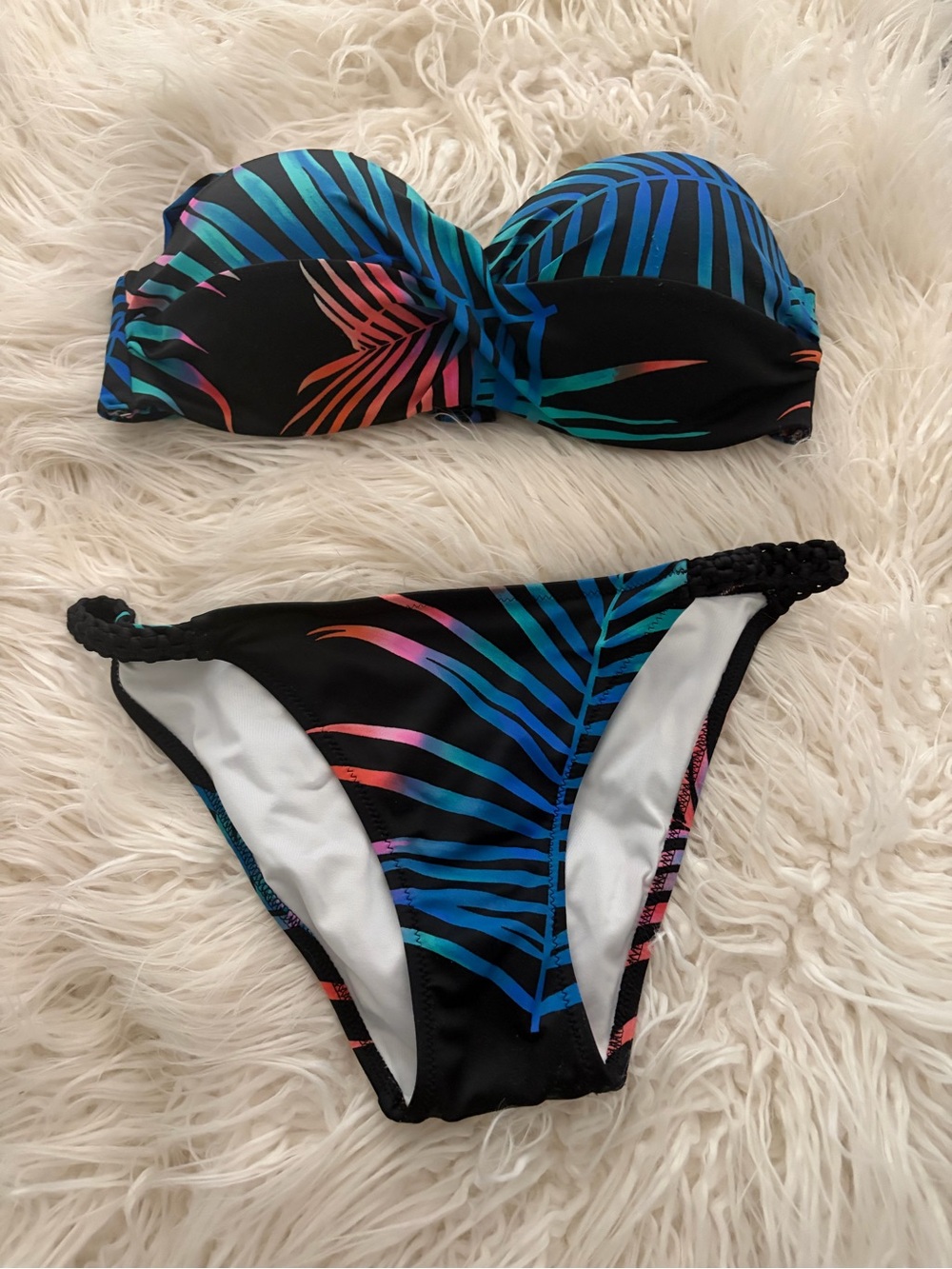 PINK Victoria's Secret Black Bikini with Blue, Teal & Pink Palm Print